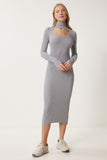Gri Cut Out Detaylı Dik Yaka Fitilli Triko Elbise FN03388