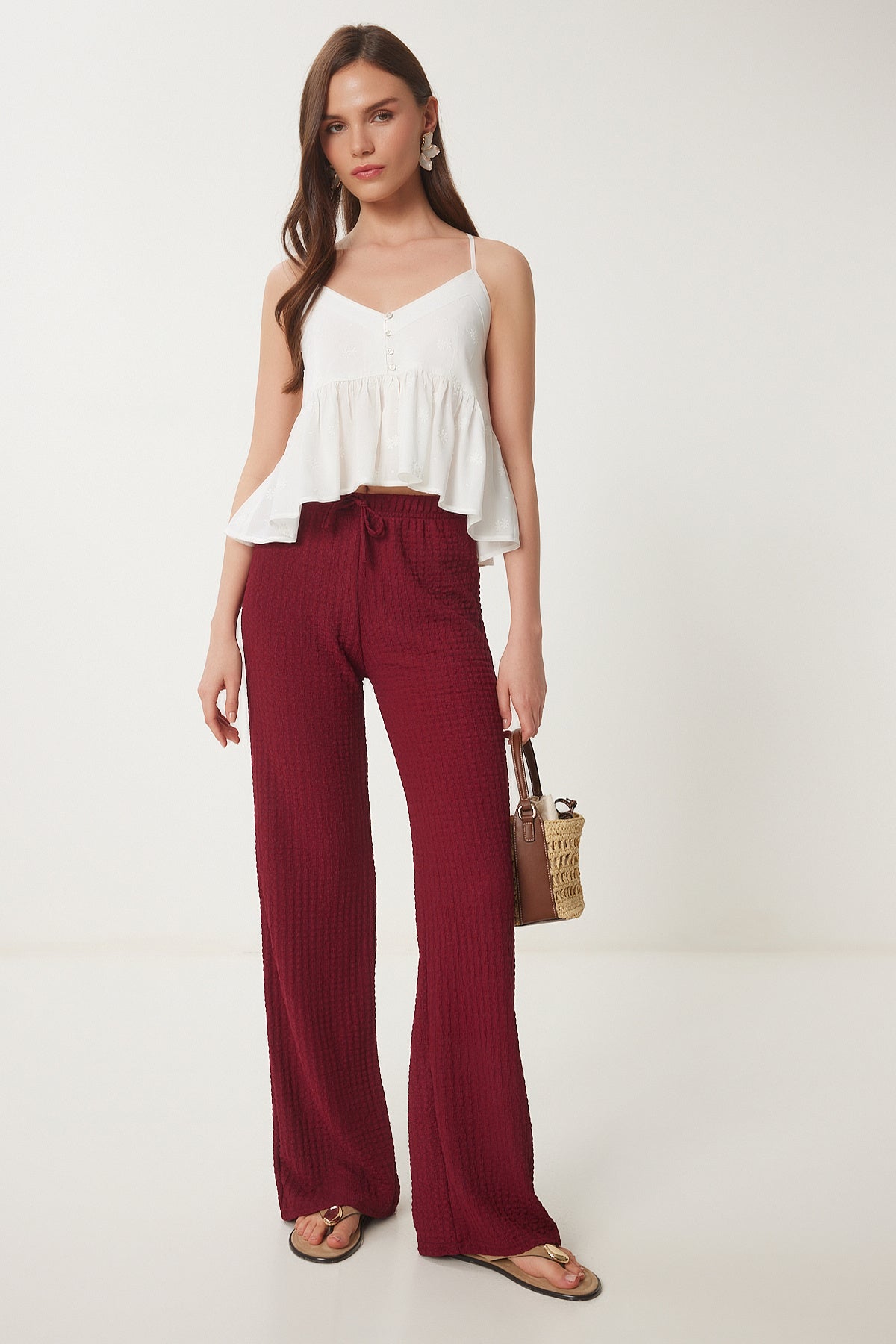 Bordo Dokulu Geniş Paça Yazlık Örme Pantolon ZV00272