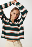 Yeşil Polo Yaka Çizgili Crop Triko Kazak Kİ00056