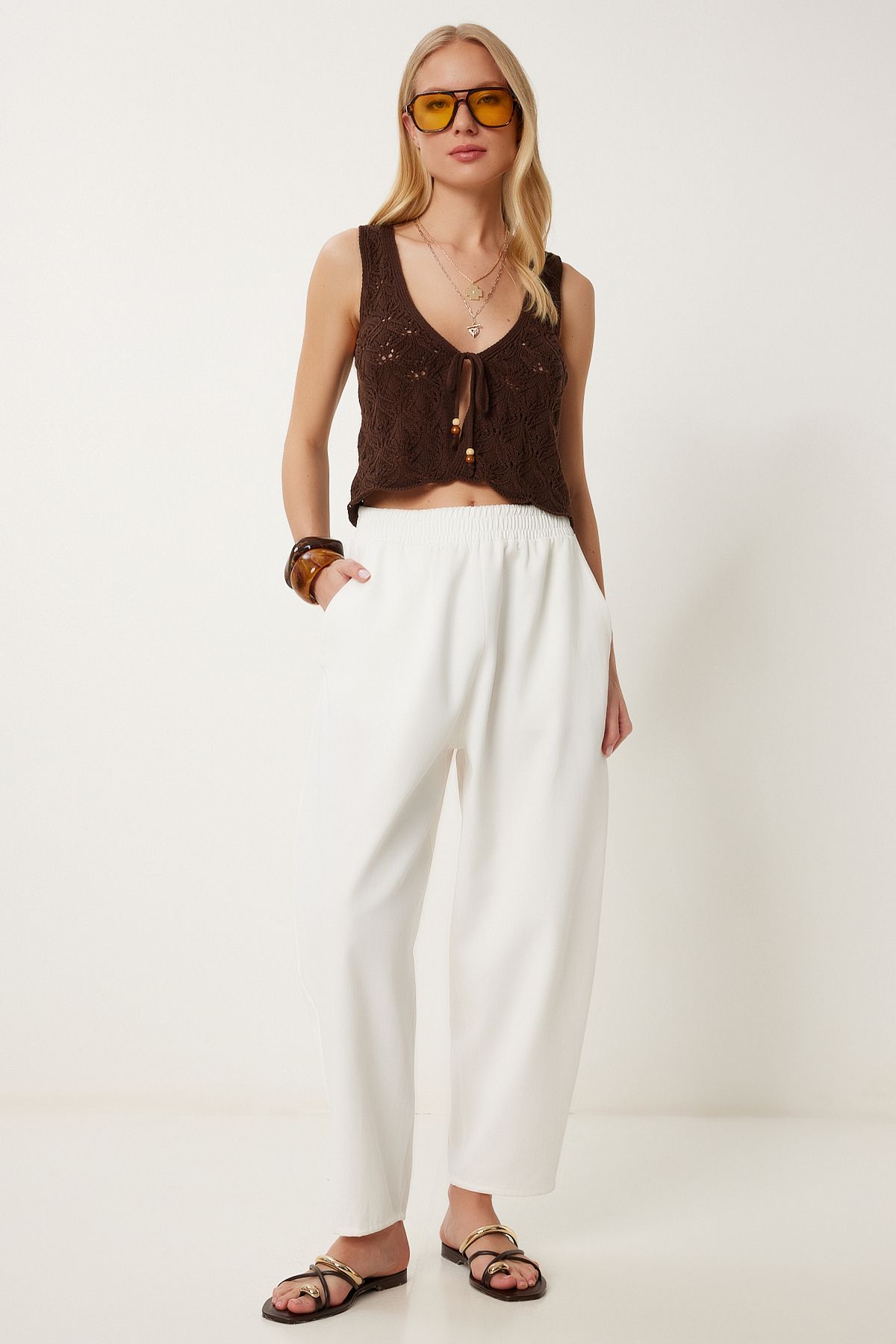 Ekru Cepli Gabardin Keten Pantolon NS00439