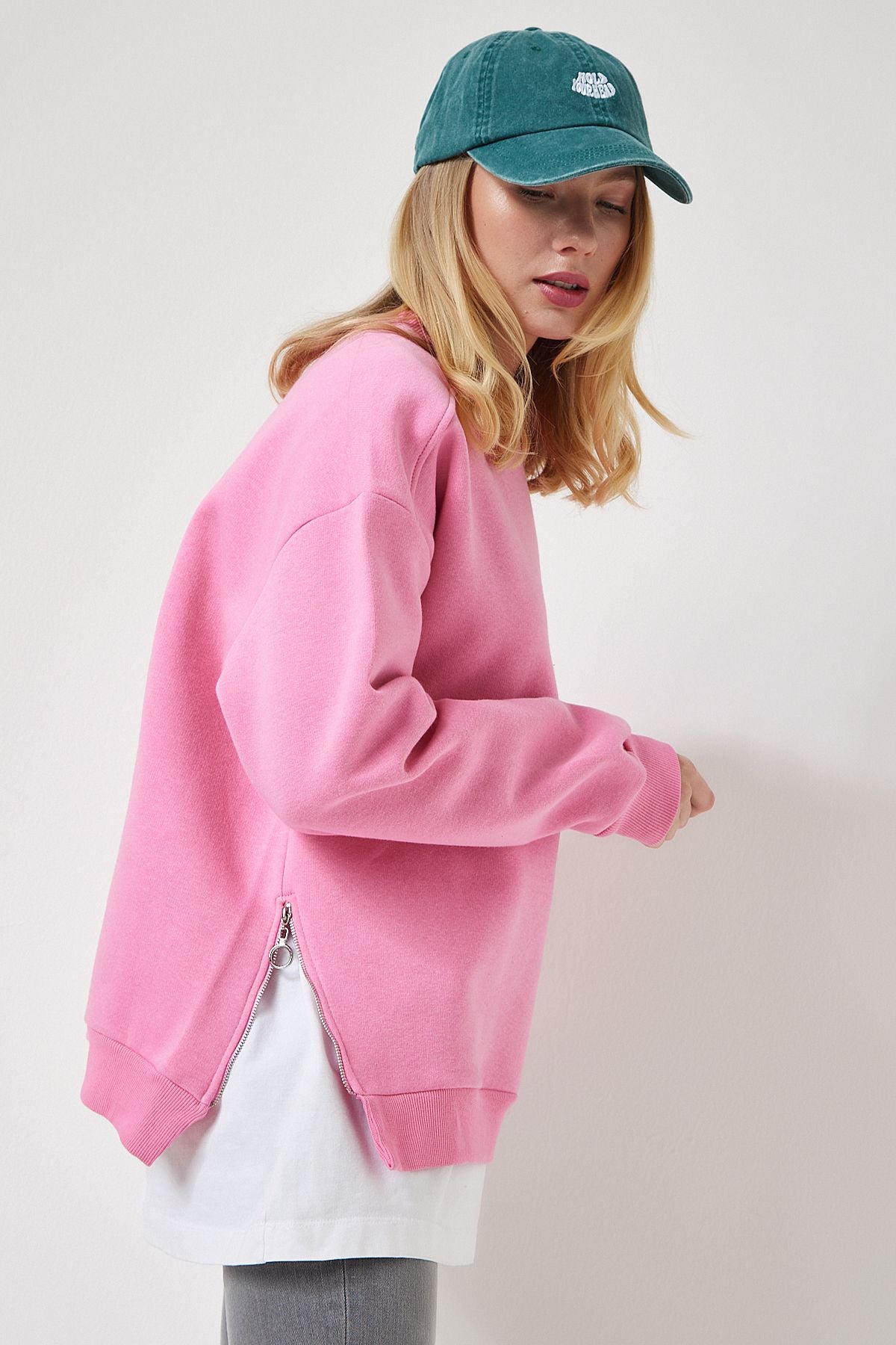 Açık Pembe Fermuar Detaylı Şardonlu Örme Sweatshirt UB00148