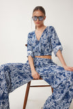 Lacivert Beyaz Desenli Crop Bluz Pantolon Takım ZV00270