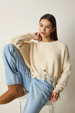 Krem Yırtık Detaylı Oversize Triko Kazak ki00098