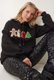 Siyah Yılbaşı Temalı Kapüşonlu Şardonlu Örme Sweatshirt TQ00001