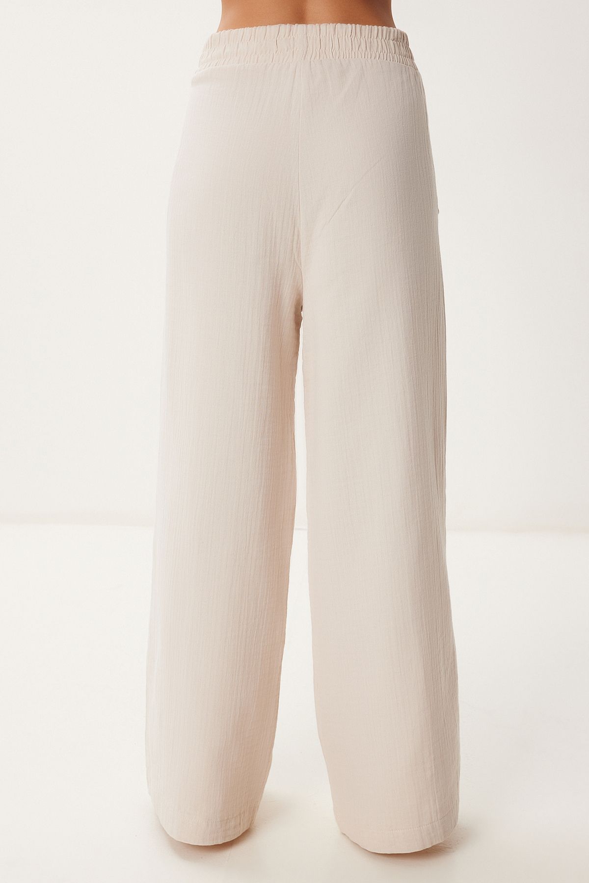 Krem Cepli Geniş Paça Keten Pantolon BV00172