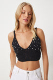 Siyah İnci Detaylı Ajurlu Crop Triko Bluz  FN03366