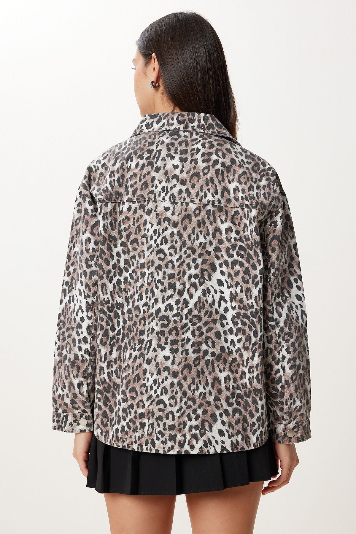 Siyah Kahverengi Leopar Desenli Gabardin Ceket GP00025