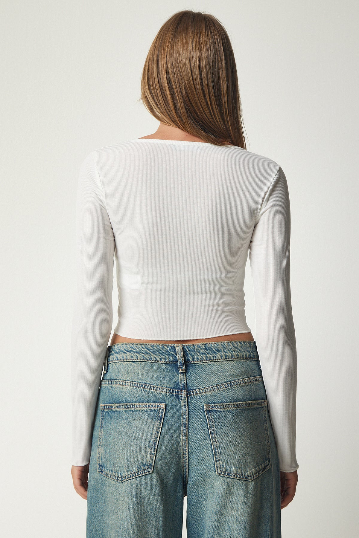 Krem Beyaz V Yaka 2'Li Paket Crop Örme Bluz UB00202