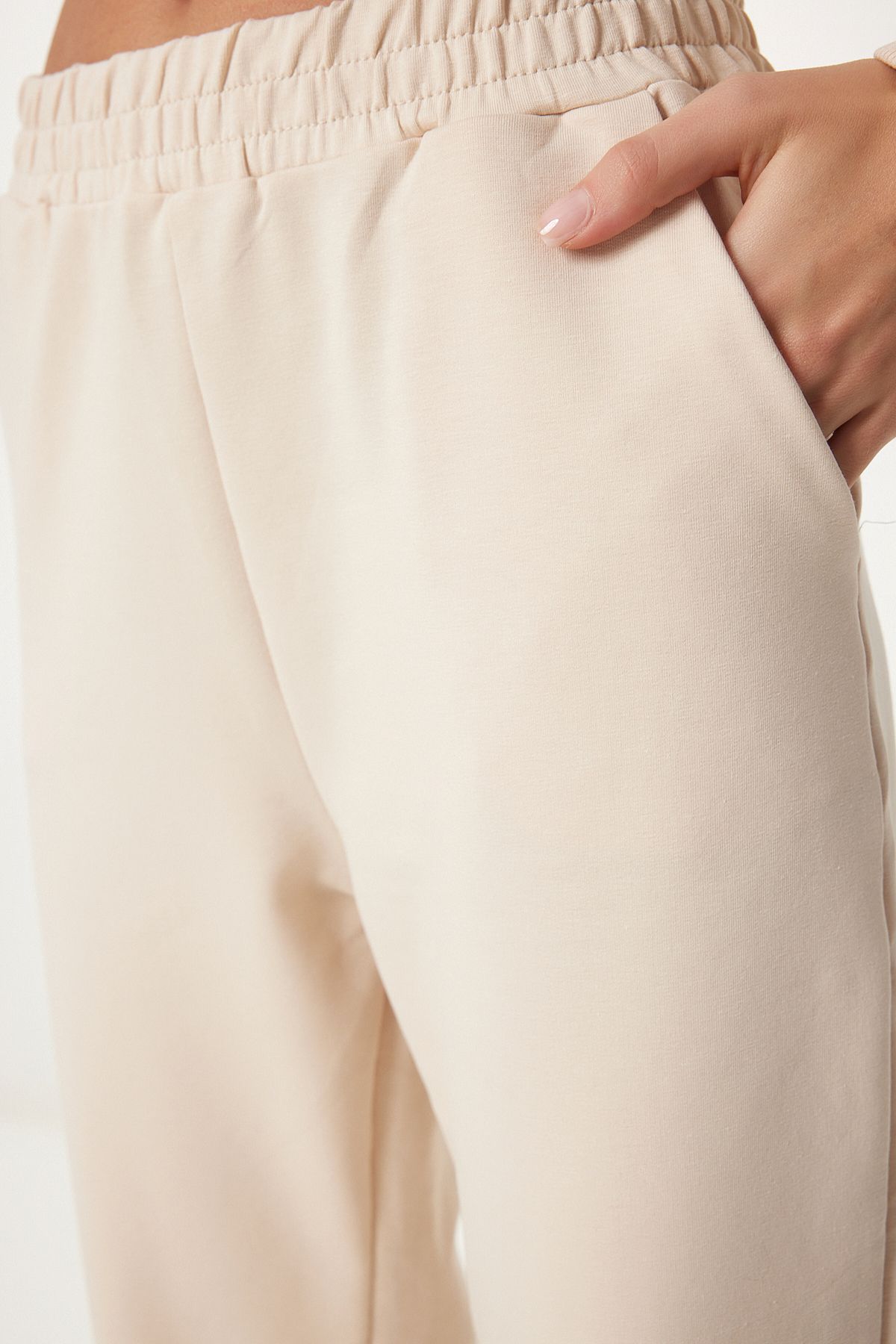 Krem Bisiklet Yaka Oversize Örme Eşofman Takımı FN03456