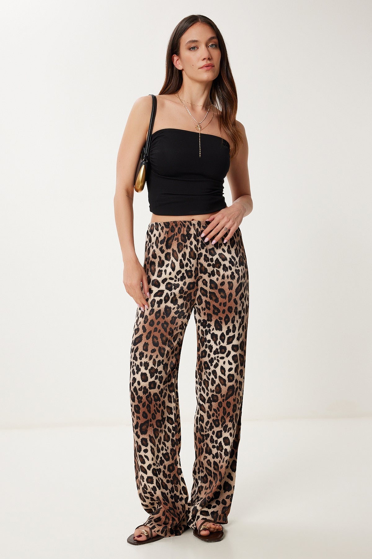 Siyah Kahverengi Leopar Desenli Saten Pantolon US00967