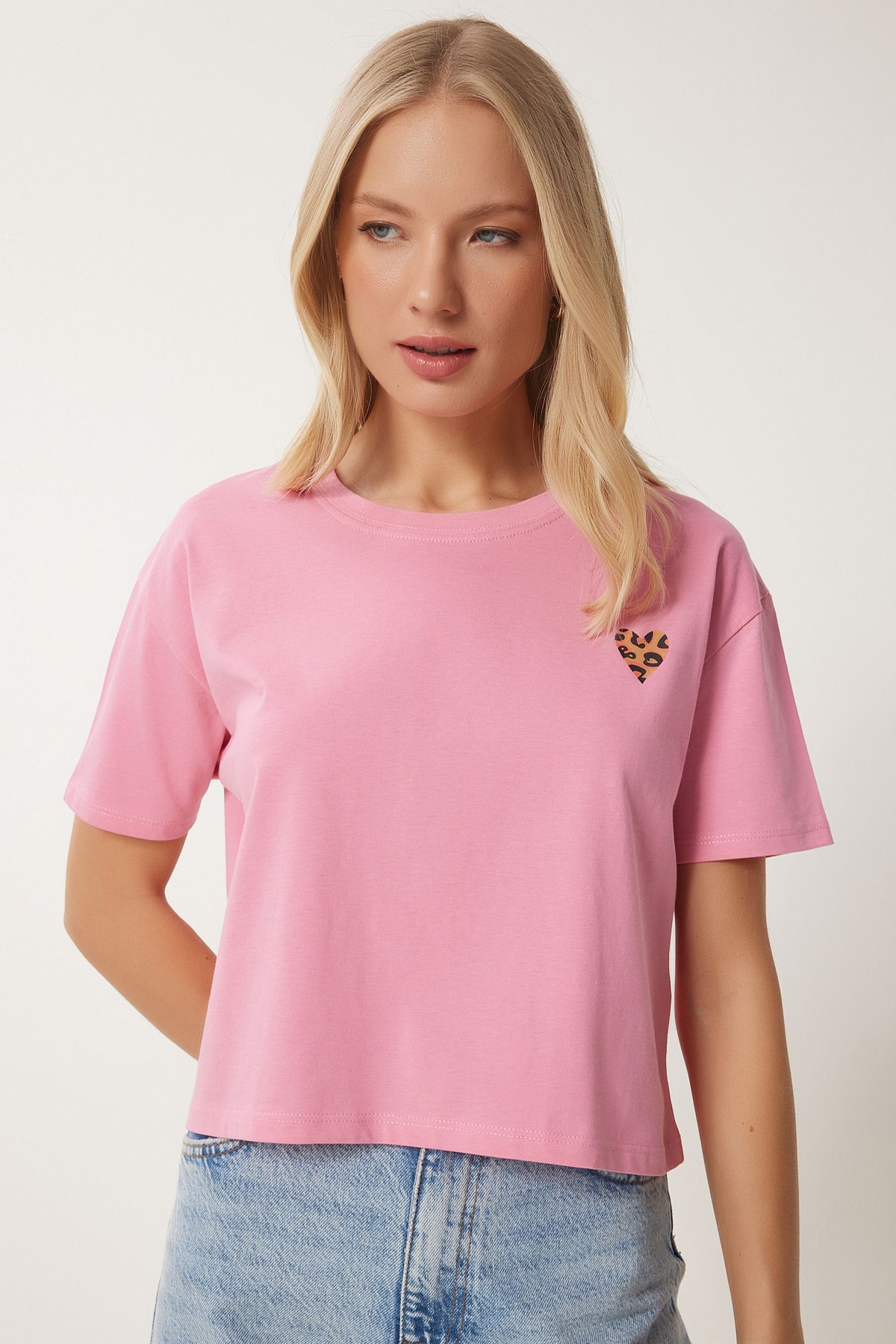 Pembe Kalp Baskılı Pamuklu Kısa Örme T-Shirt AN00224