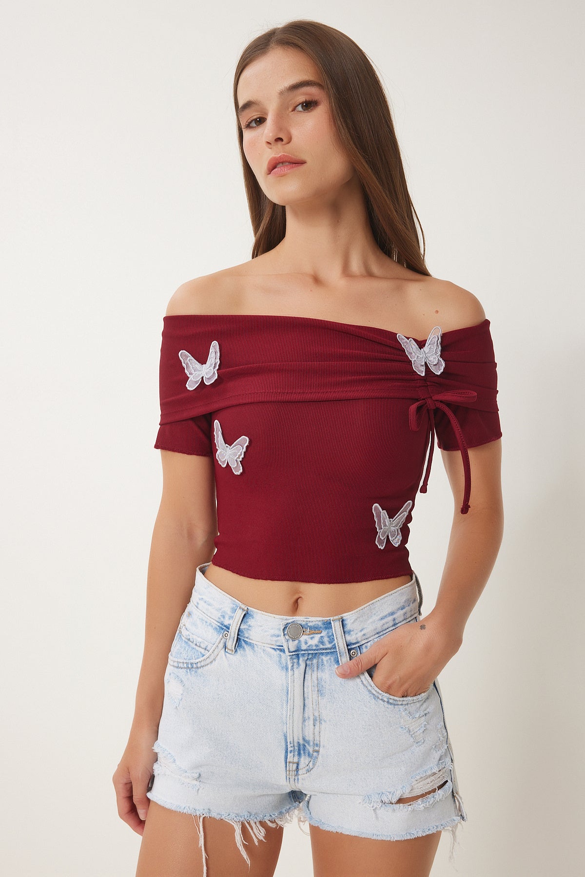 Bordo Carmen Yaka Kelebek Detaylı Örme Bluz FW00008