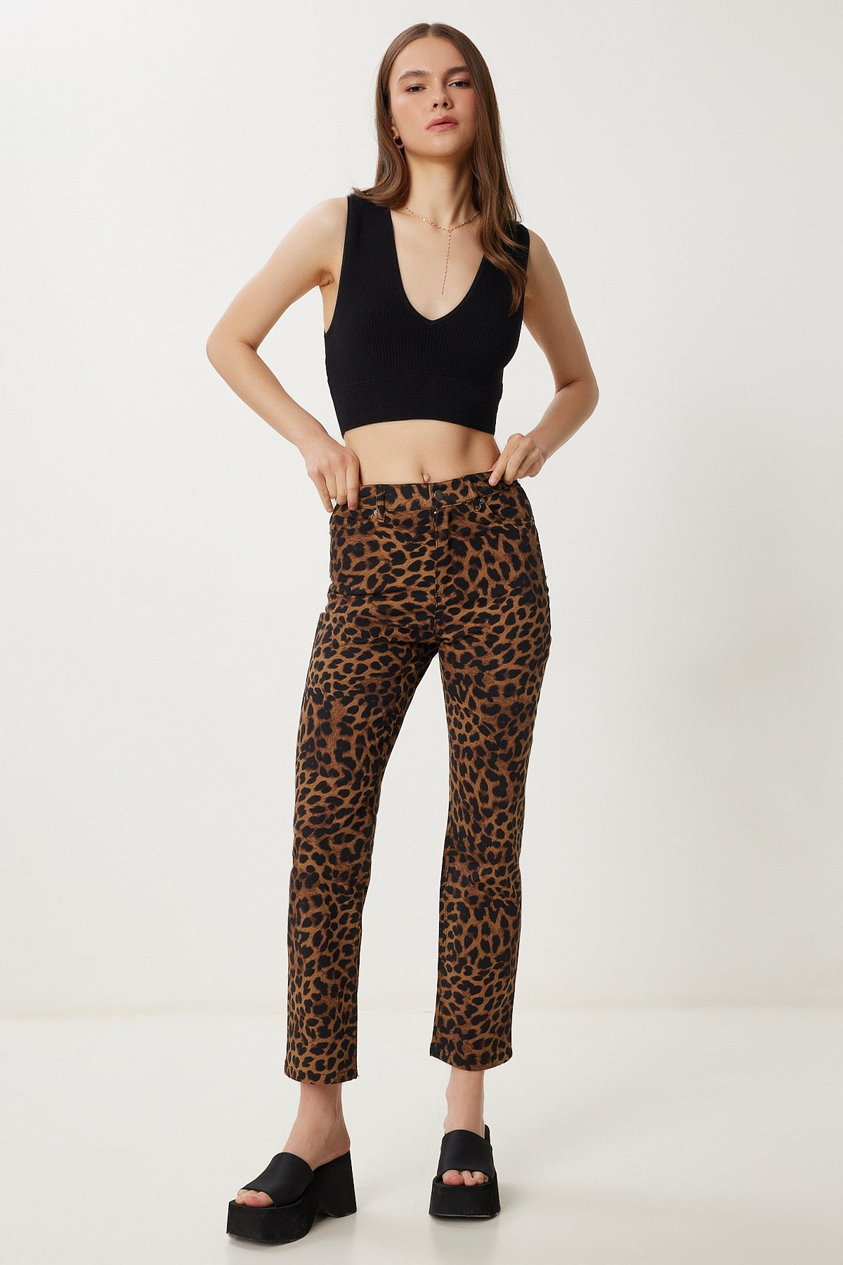 Siyah Bej Leopar Desenli Gabardin Pantolon WF00125