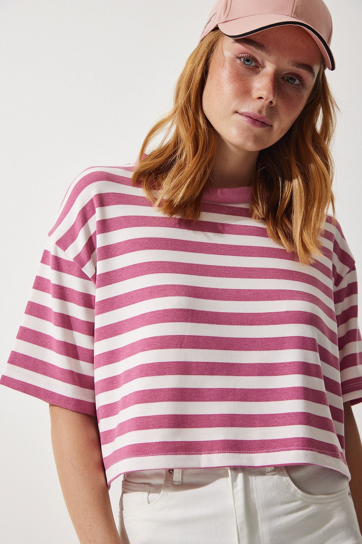 Gül Kurusu Bisiklet Yaka Çizgili Crop Örme T-Shirt CR00427