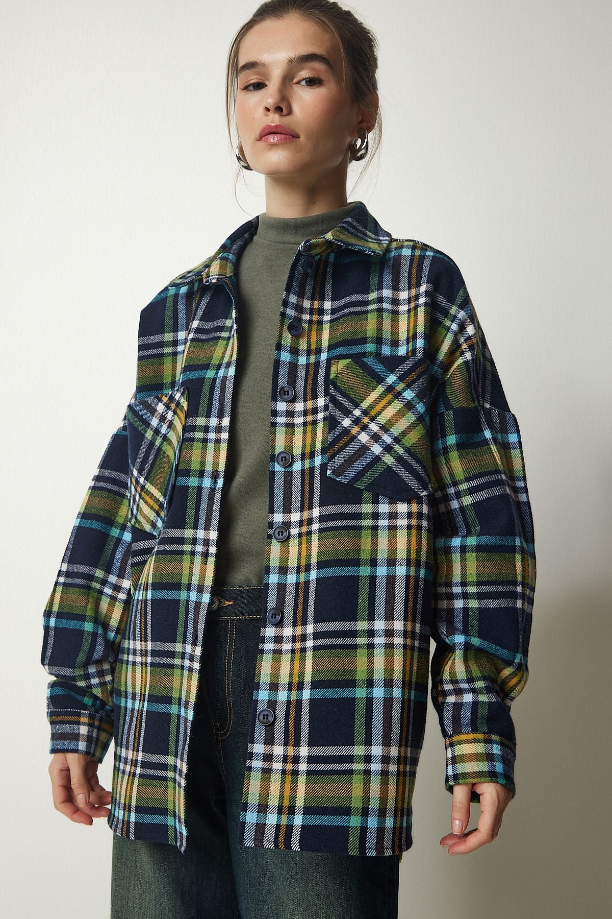 Lacivert Yeşil Desenli Oversize Kaşe Oduncu Gömlek TU00034