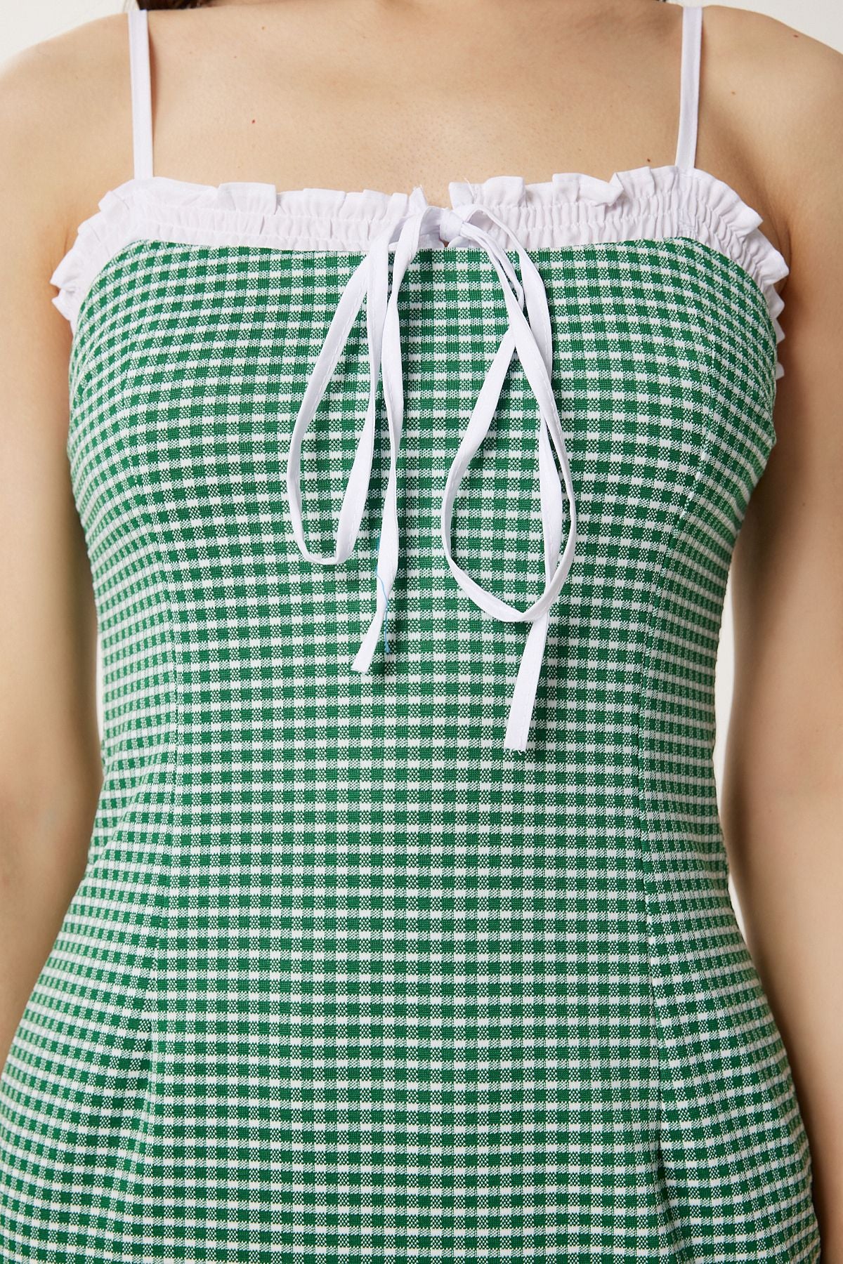 Yeşil Kareli Mini Esnek Örme Elbise TP00090