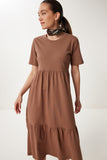 Kahverengi Oversize Volanlı Yazlık Örme Elbise CR00475