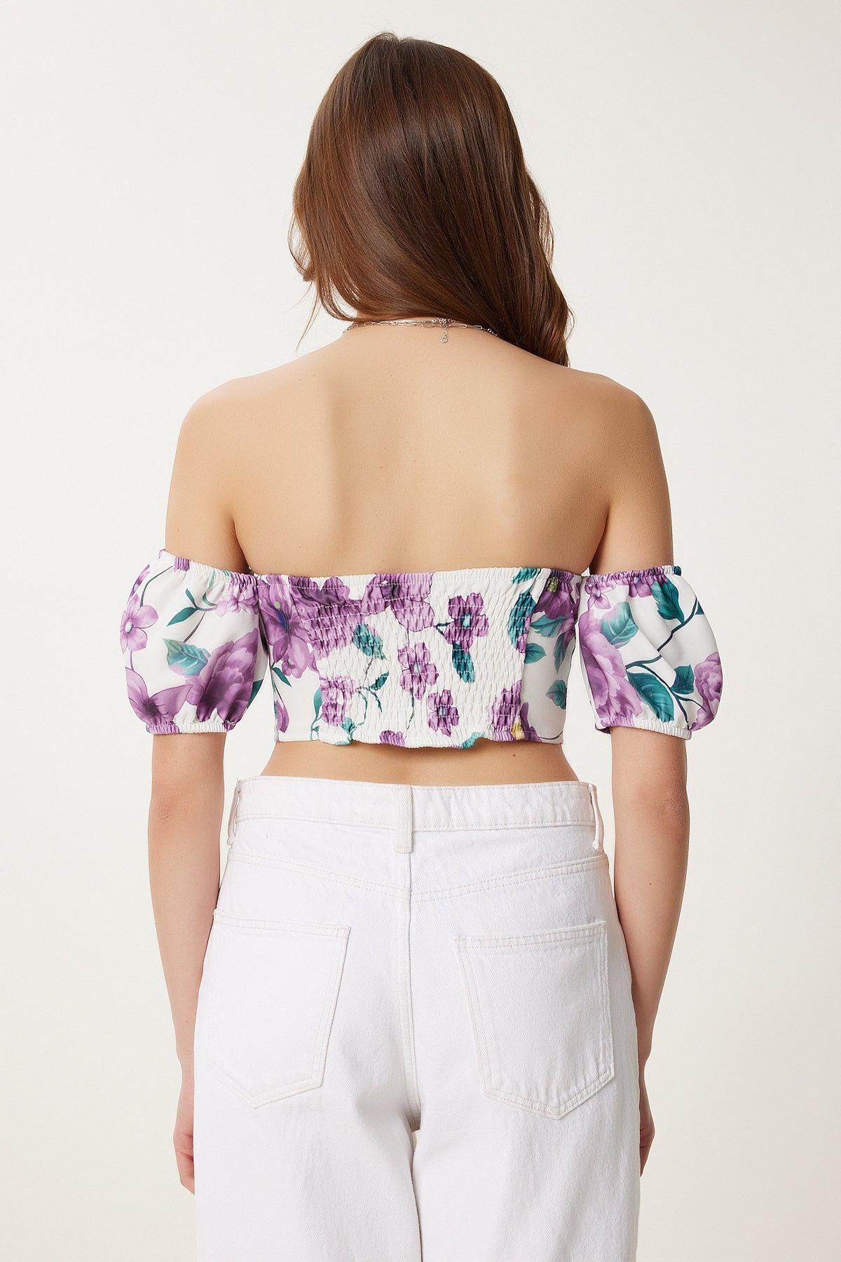 Mor Kemik Desenli Crop Viskon Bluz CR00510