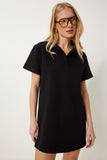 Siyah Polo Yaka Pike Örme Mini Elbise DP00253