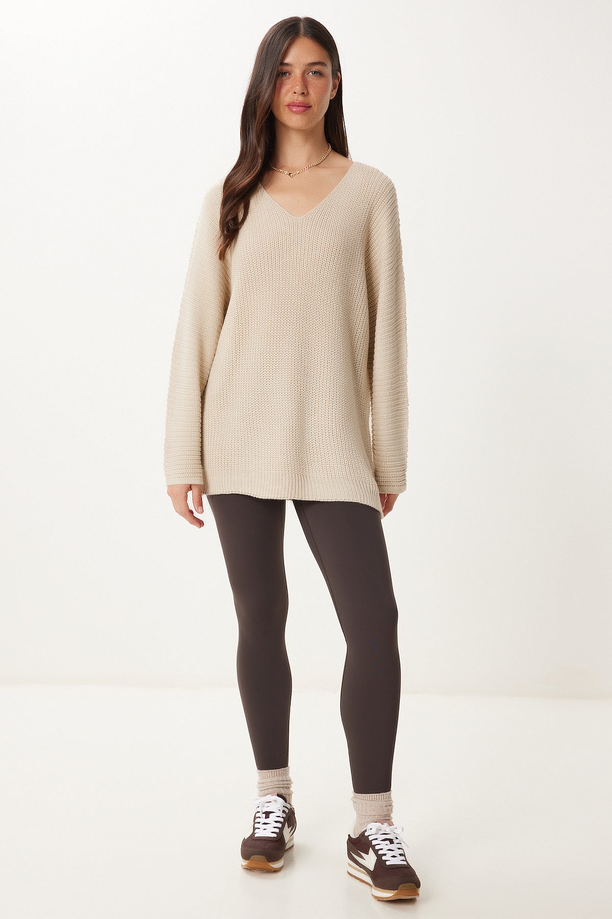 Krem V Yaka Selanik Örgü Oversize Triko Kazak ZA00059