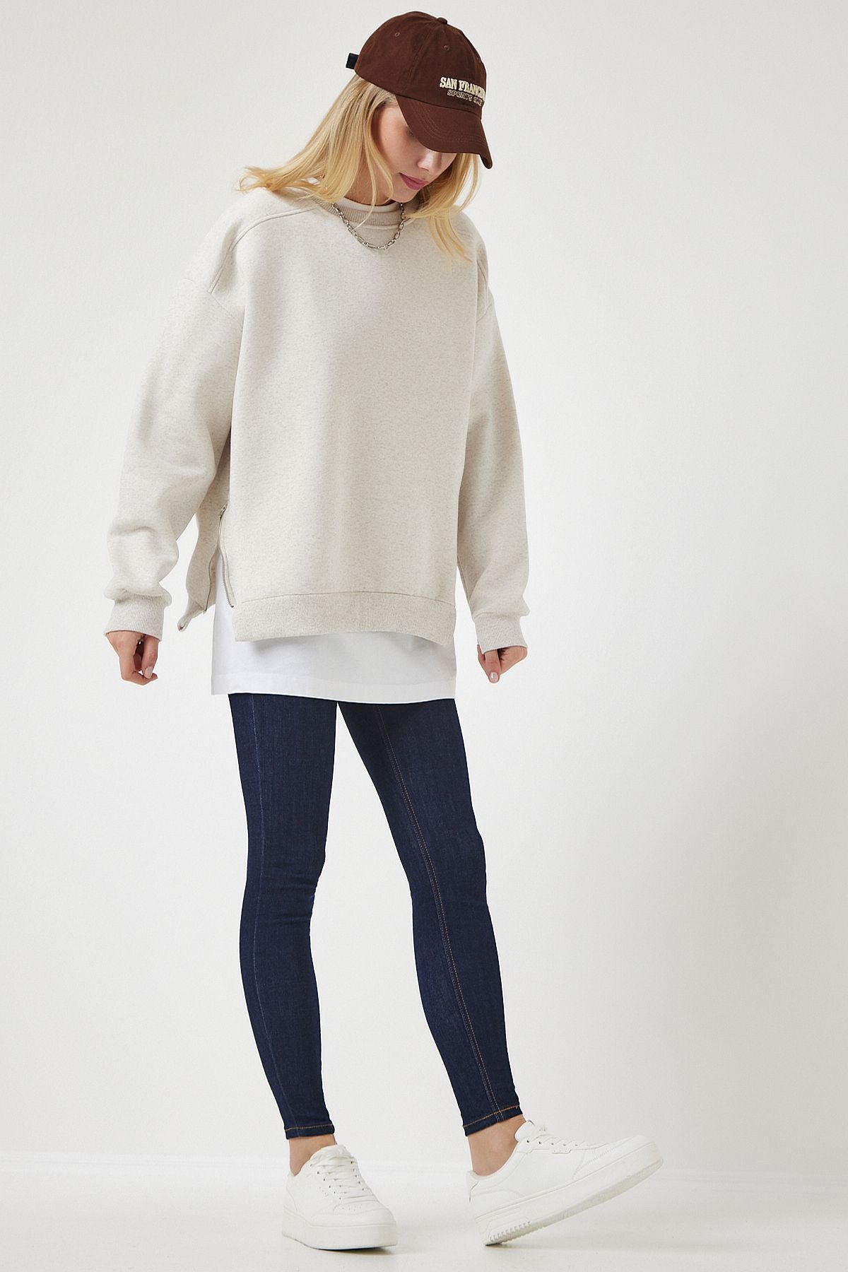 Bej Fermuar Detaylı Şardonlu Örme Sweatshirt UB00148