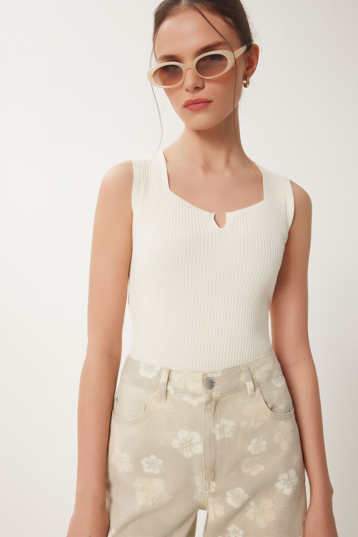 Krem Kolsuz Yazlık Triko Bluz MT00157
