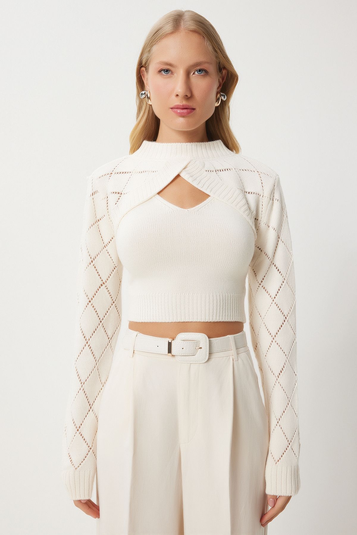 Krem Balıkçı Yaka Triko Atlet Crop Takım MT00153