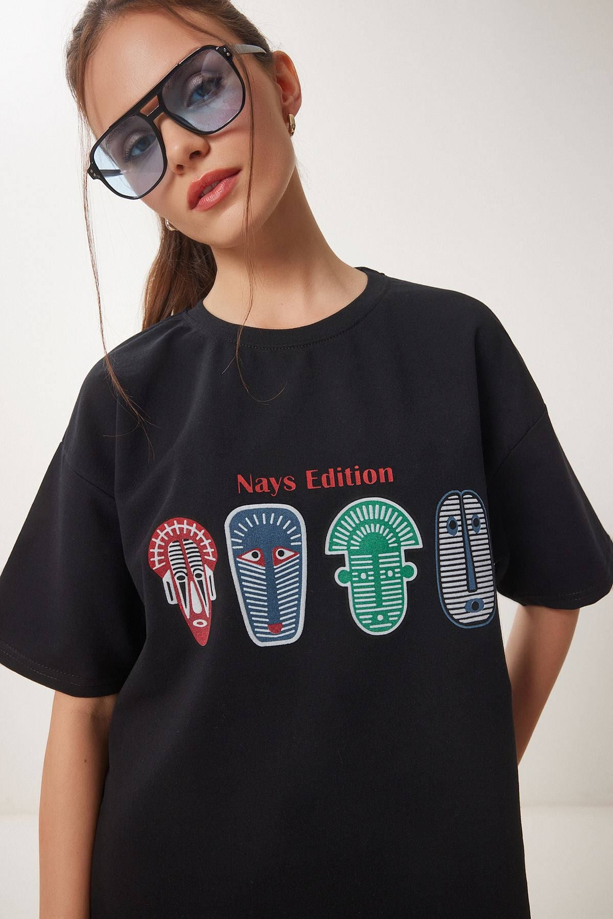 Siyah Oversize Baskılı Örme T-Shirt ZV00279