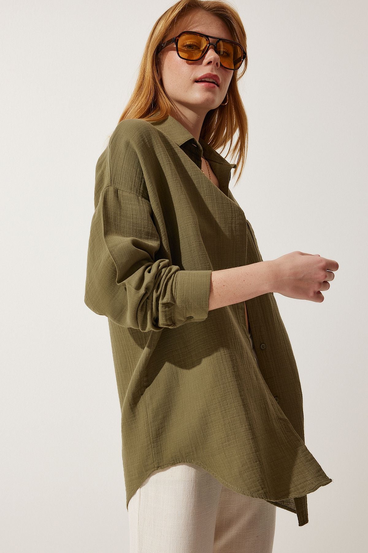 Haki Cepli Oversize Müslin Gömlek MX00150