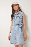 Açık Mavi Kuşaklı Mini Denim Elbise AN00236