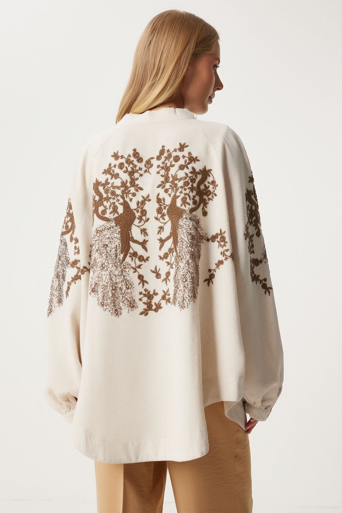 Krem Kahverengi Nakış İşlemeli Keten Kimono OR00005