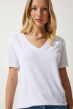 Beyaz V Yaka Modal Örme T-Shirt HW00009