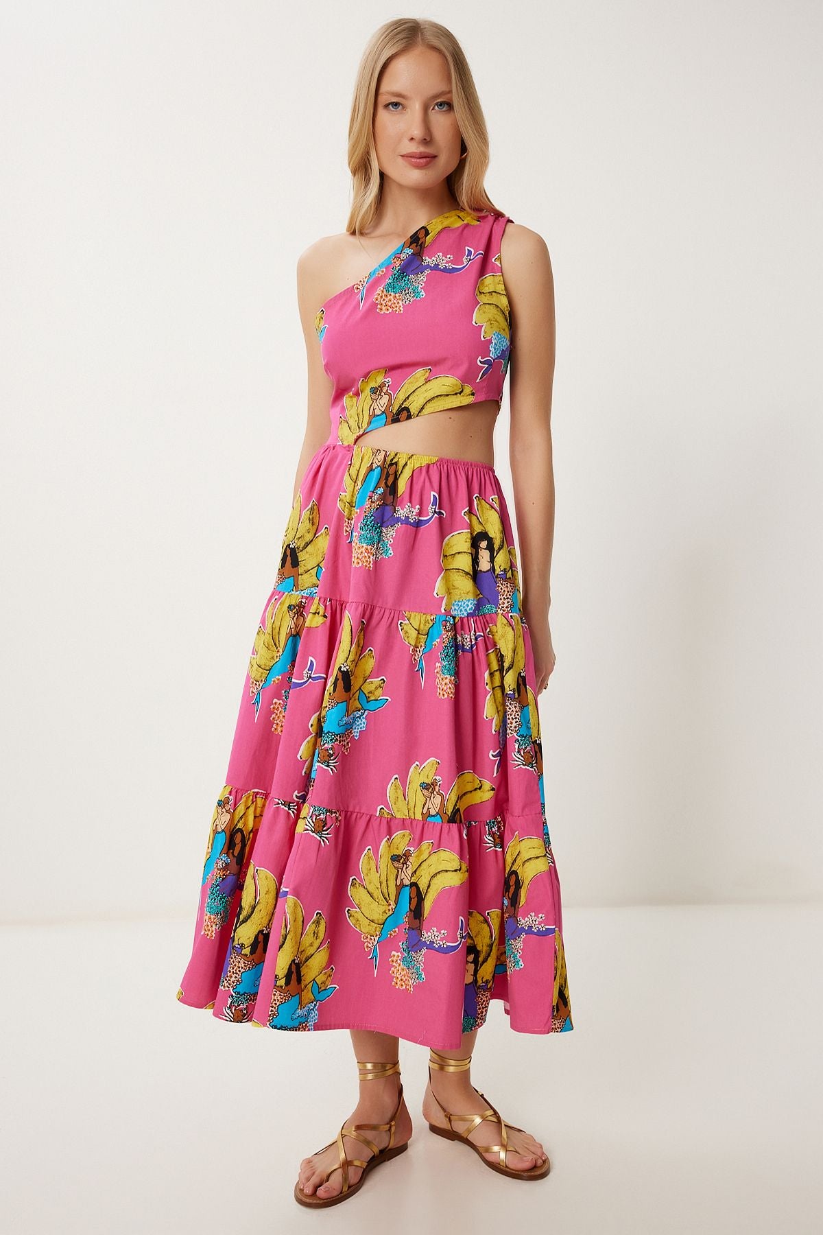 Pembe Sarı Tek Omuz Desenli Midi Poplin Elbise FK00018