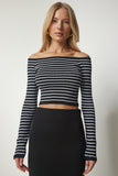Siyah Kare Yaka Çizgili Crop Bluz PF00019