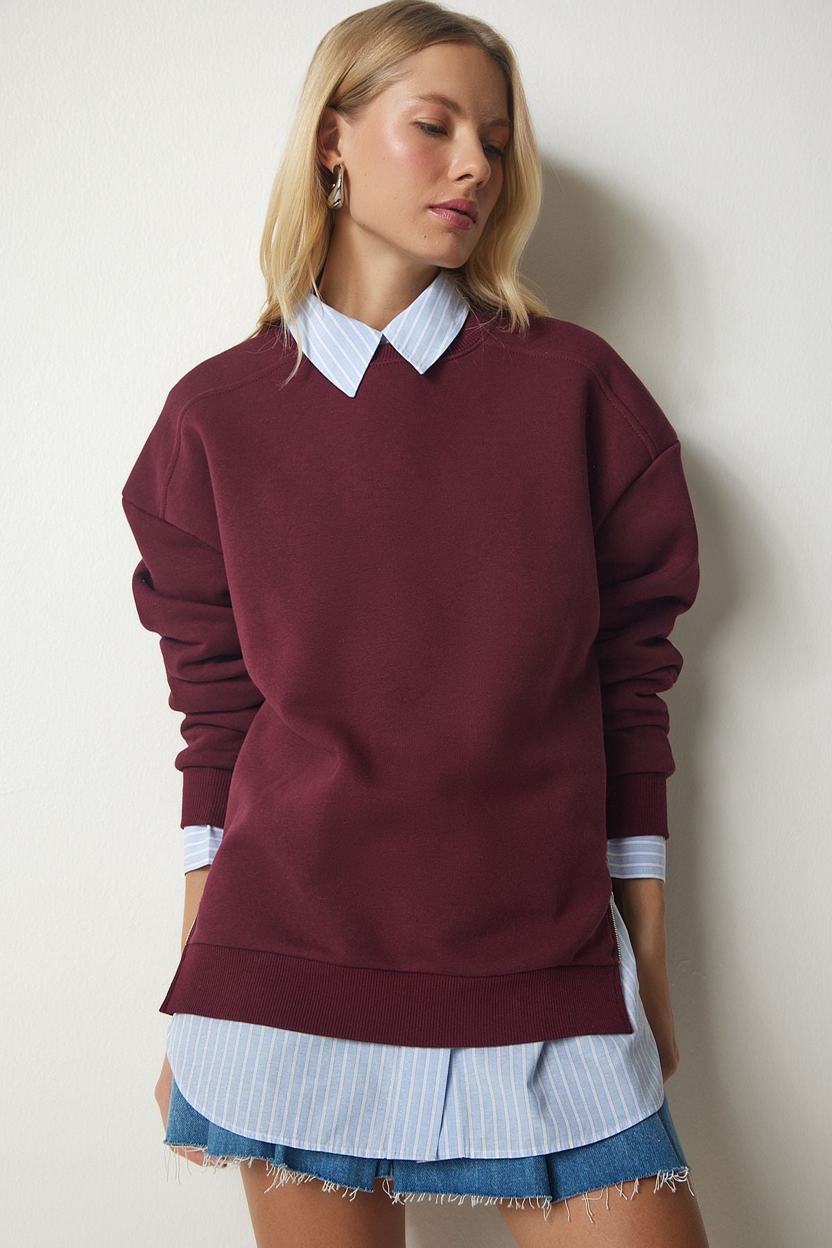 Bordo Fermuar Detaylı Şardonlu Örme Sweatshirt UB00148