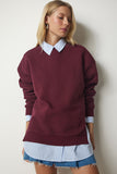Bordo Fermuar Detaylı Şardonlu Örme Sweatshirt UB00148