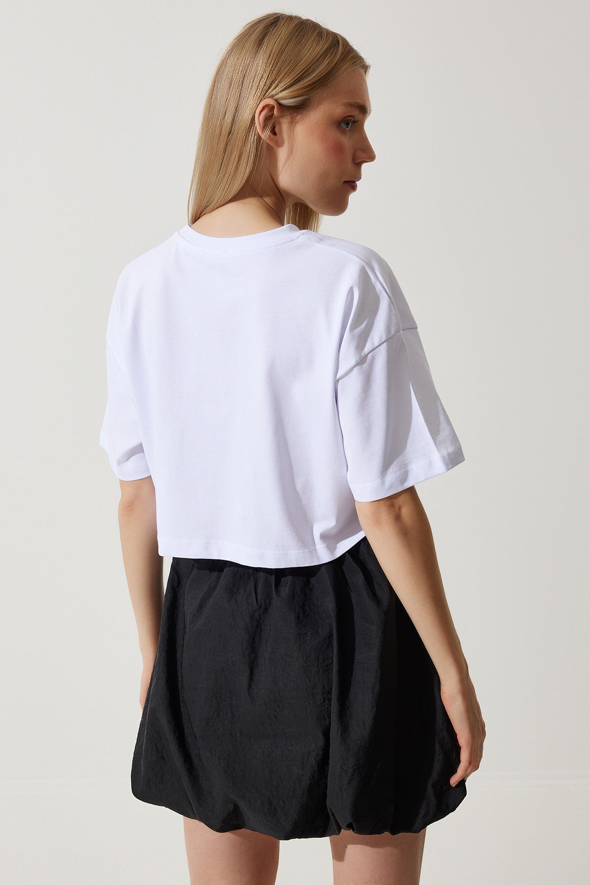 Beyaz %100 Pamuk Oversize Crop Örme T-Shirt BP00164
