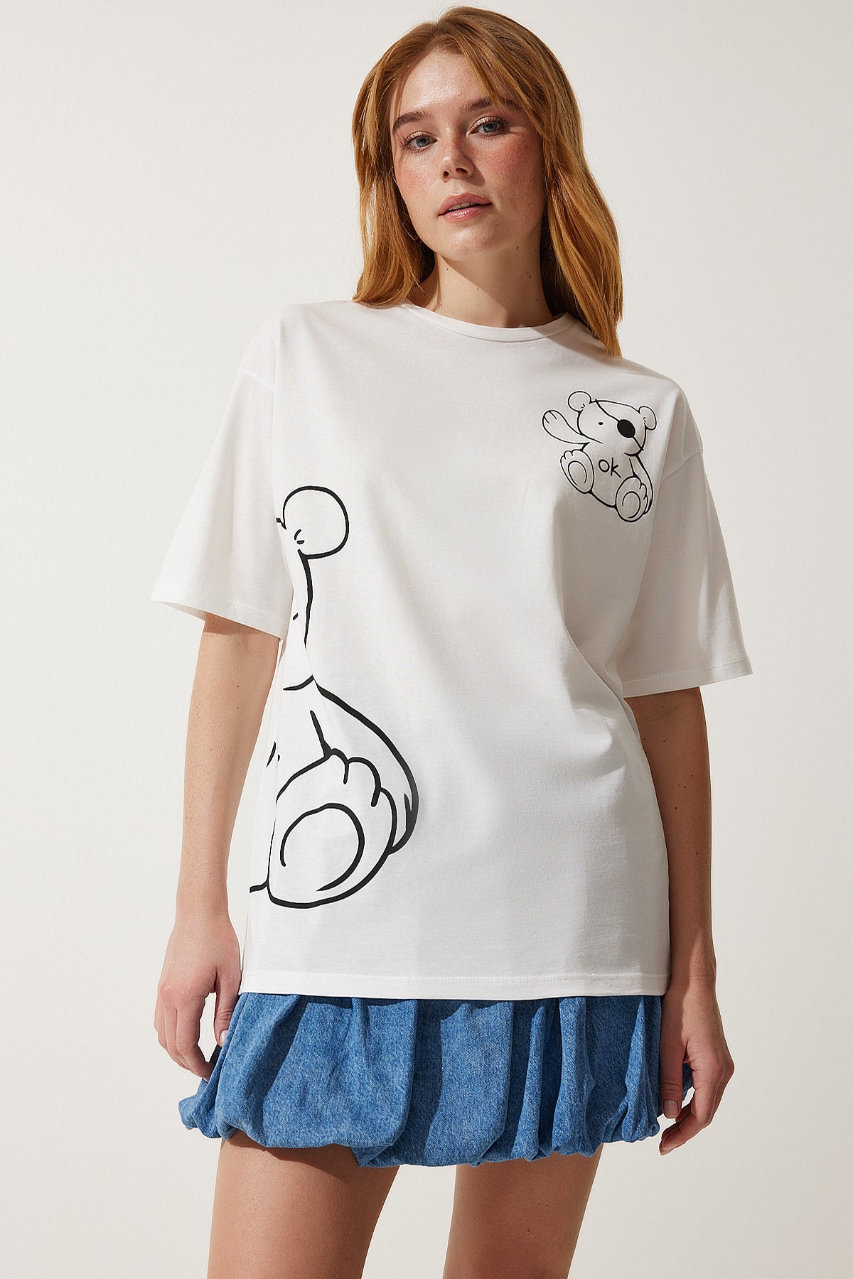 Beyaz Baskılı Oversize Örme T-Shirt HF00457