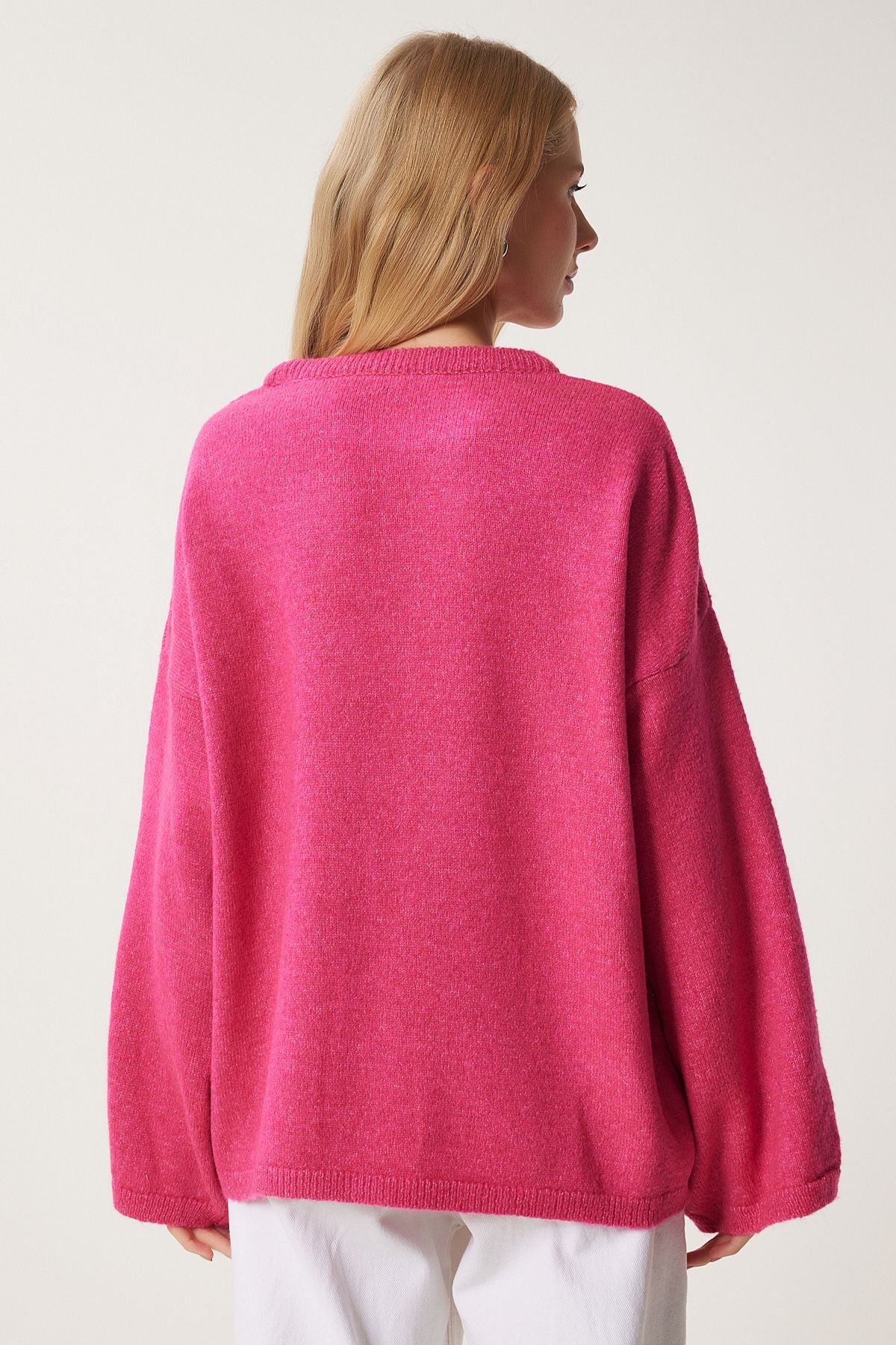 Koyu Pembe Fiyonk Detaylı Oversize Triko Kazak KB00042