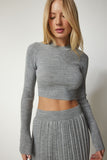 Gri Fitilli Triko Crop Etek Takım Kİ00106