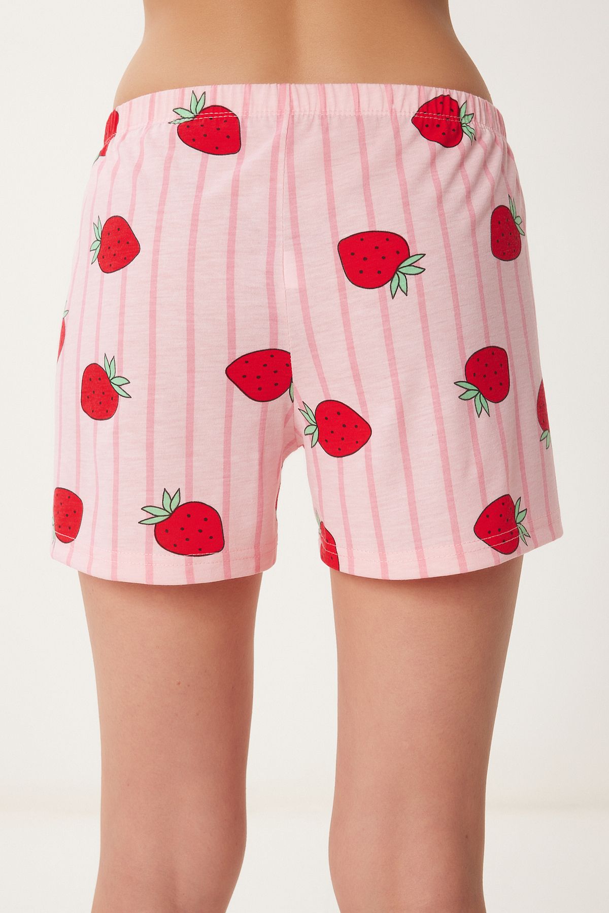 Pembe Beyaz Baskılı Şortlu Örme Pijama Takımı CE00096