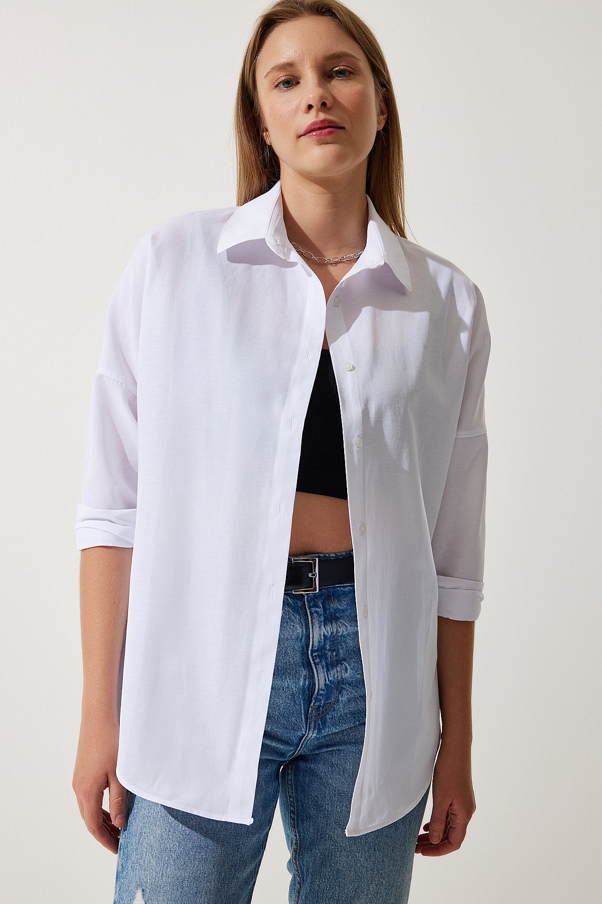 Beyaz Oversize Uzun Basic Gömlek DD00842