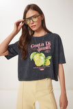 Antrasit Baskılı Yıkamalı Crop Örme T-Shirt AN00237