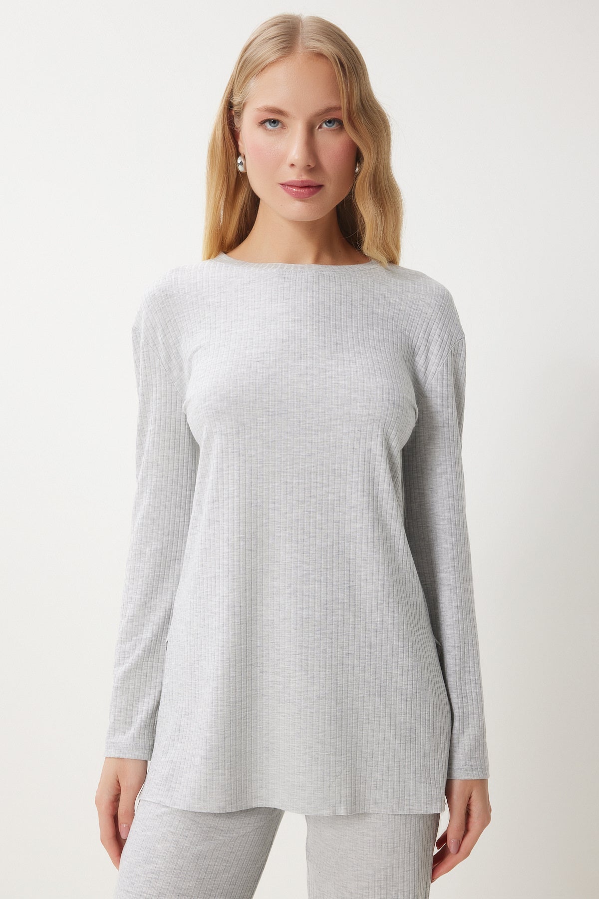 Açık Gri Rahat Fitilli Örme Bluz Pantolon Takım OW00054