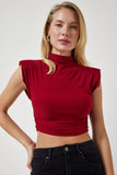 Bordo Dik Yaka Büzgülü Crop Örme Bluz CI00101