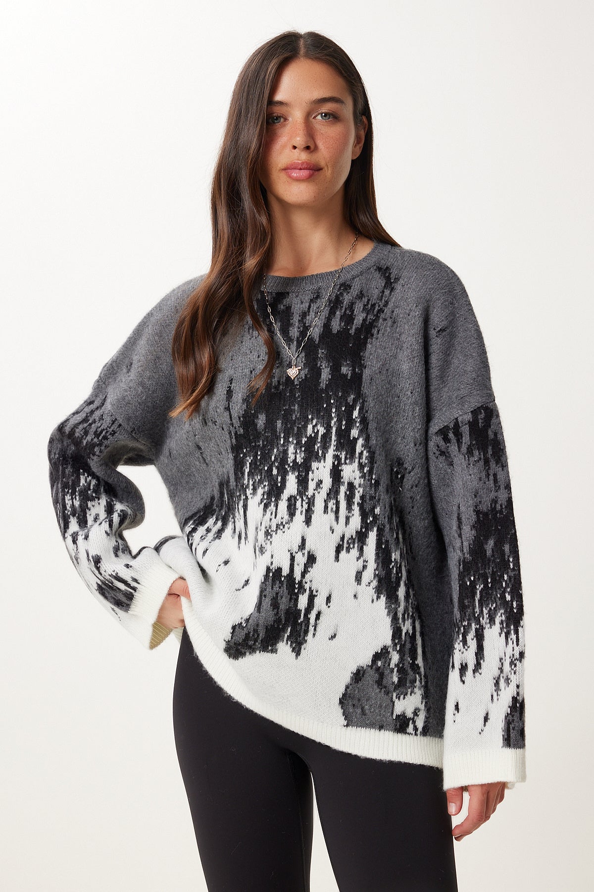 Antrasit Gri Desenli Oversize Triko Kazak Kİ00124