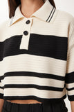 Krem Siyah Çizgili Crop Triko Kazak MX00242