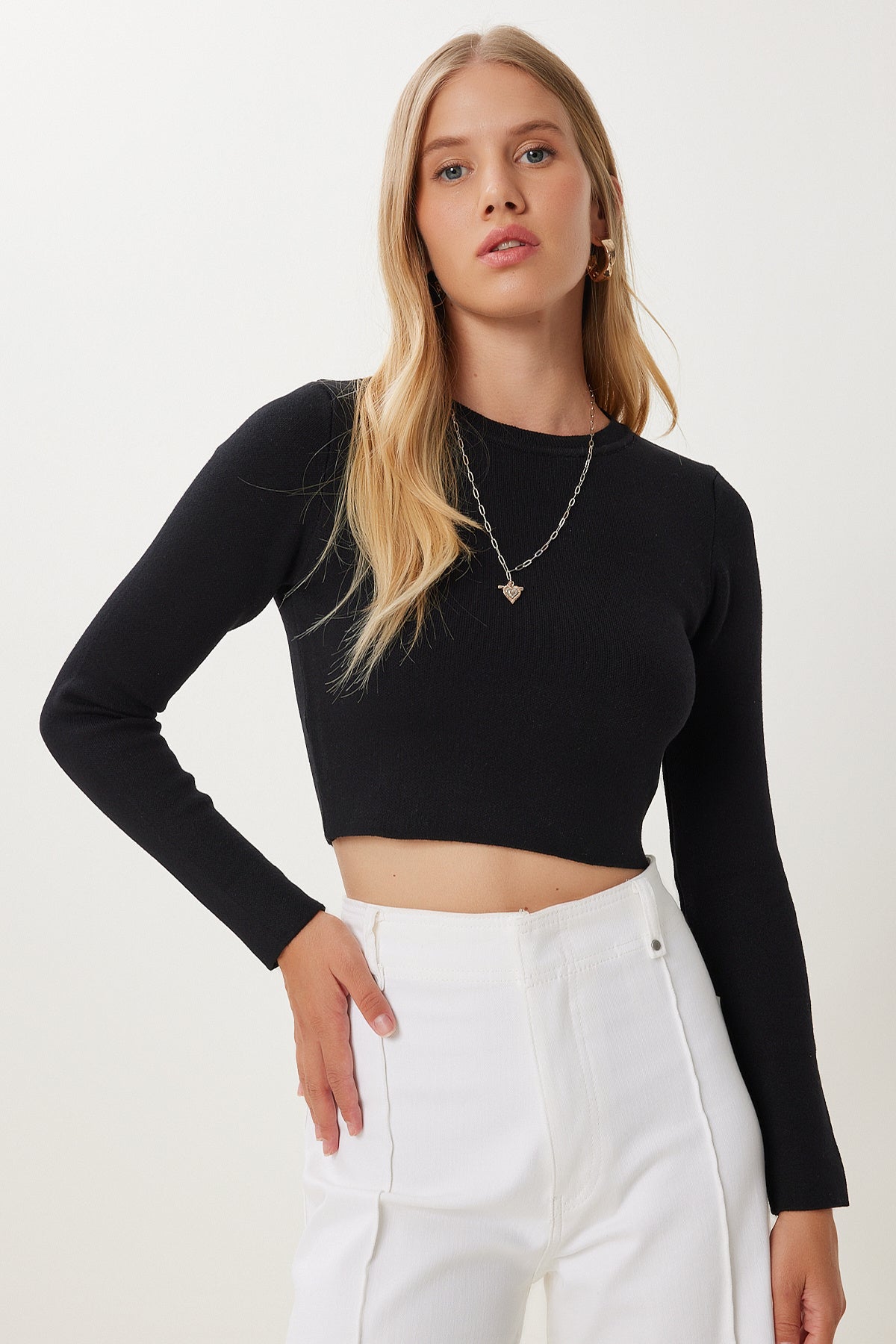 Siyah Basic Crop Triko Kazak MX00248
