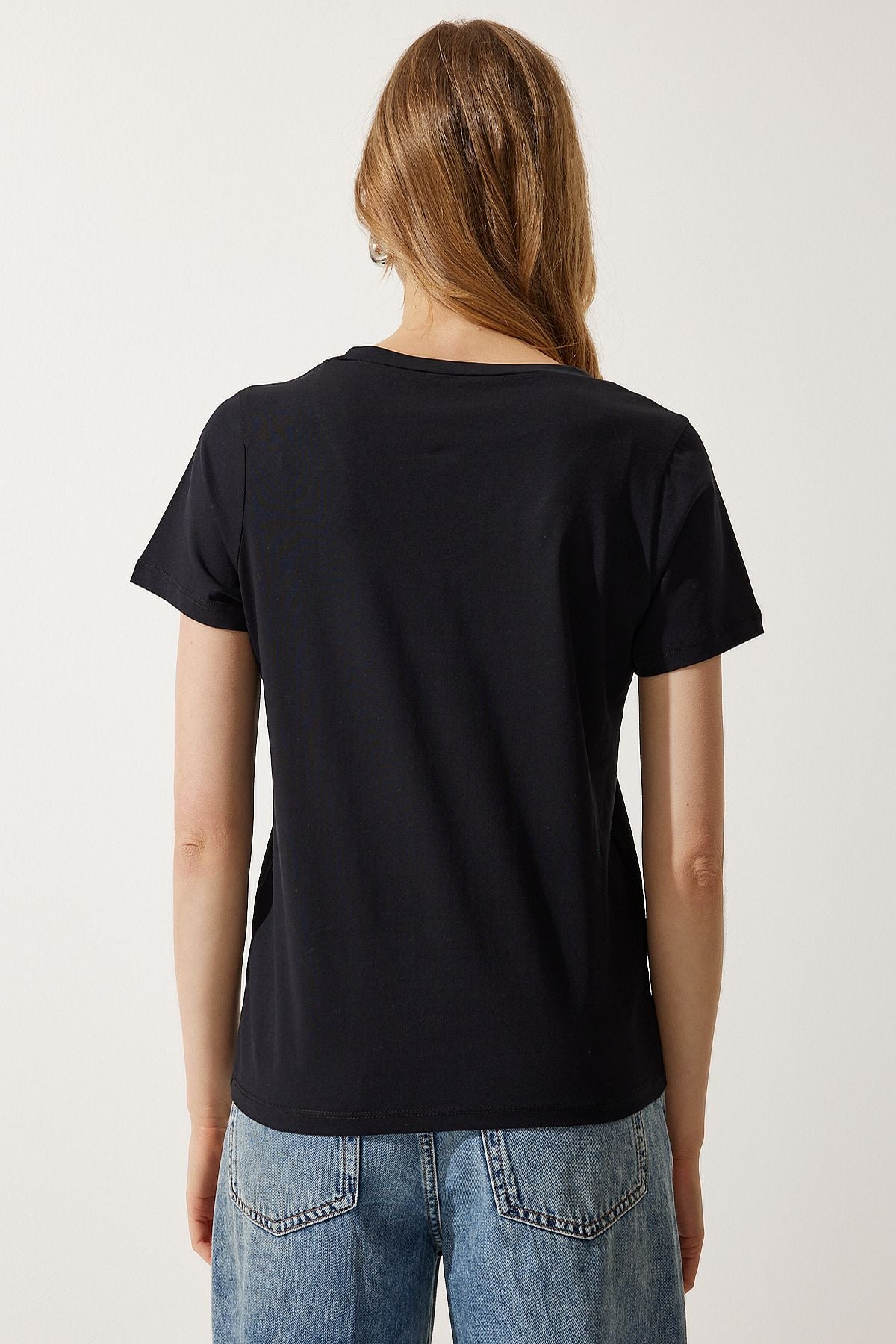 Siyah V Yaka Basic Örme T-Shirt  UB00261
