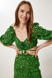 Yeşil Siyah Desenli Crop Bluz Etek Takım FK00033